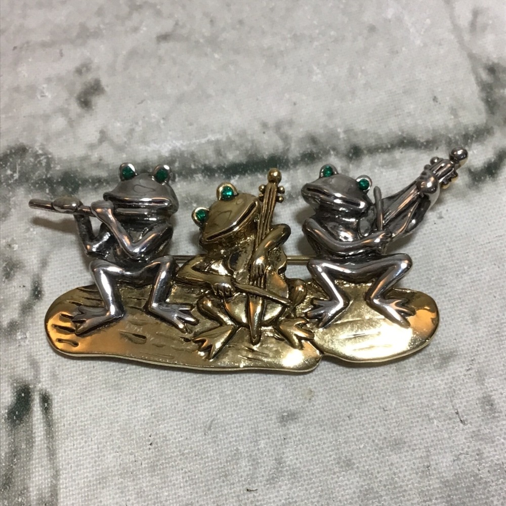 Frog Brooch Pin Band Violin Cello Flute Classical Gold Toned Silver 2"